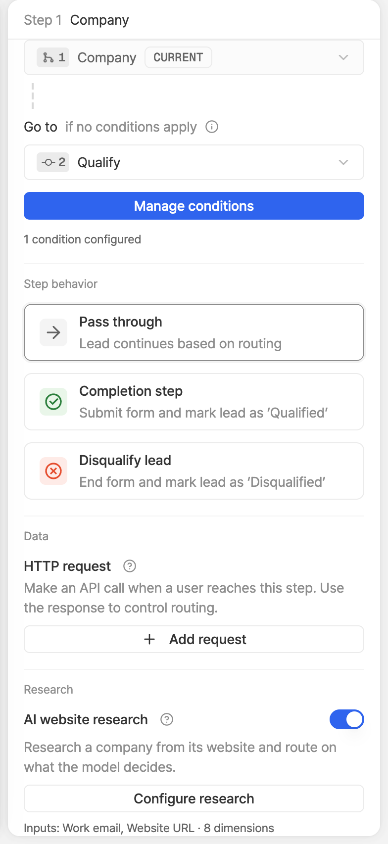 The Logic tab with AI website research switched on in the step panel