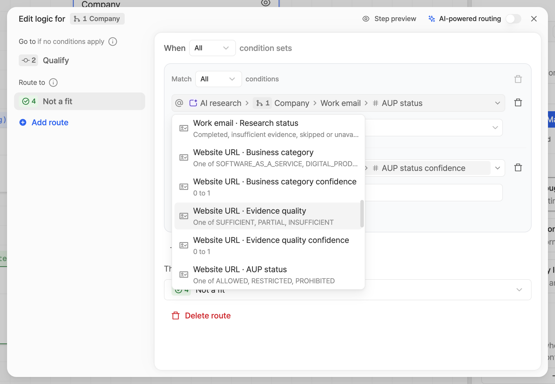 The condition source picker listing each dimension and its confidence under AI research, once per input field