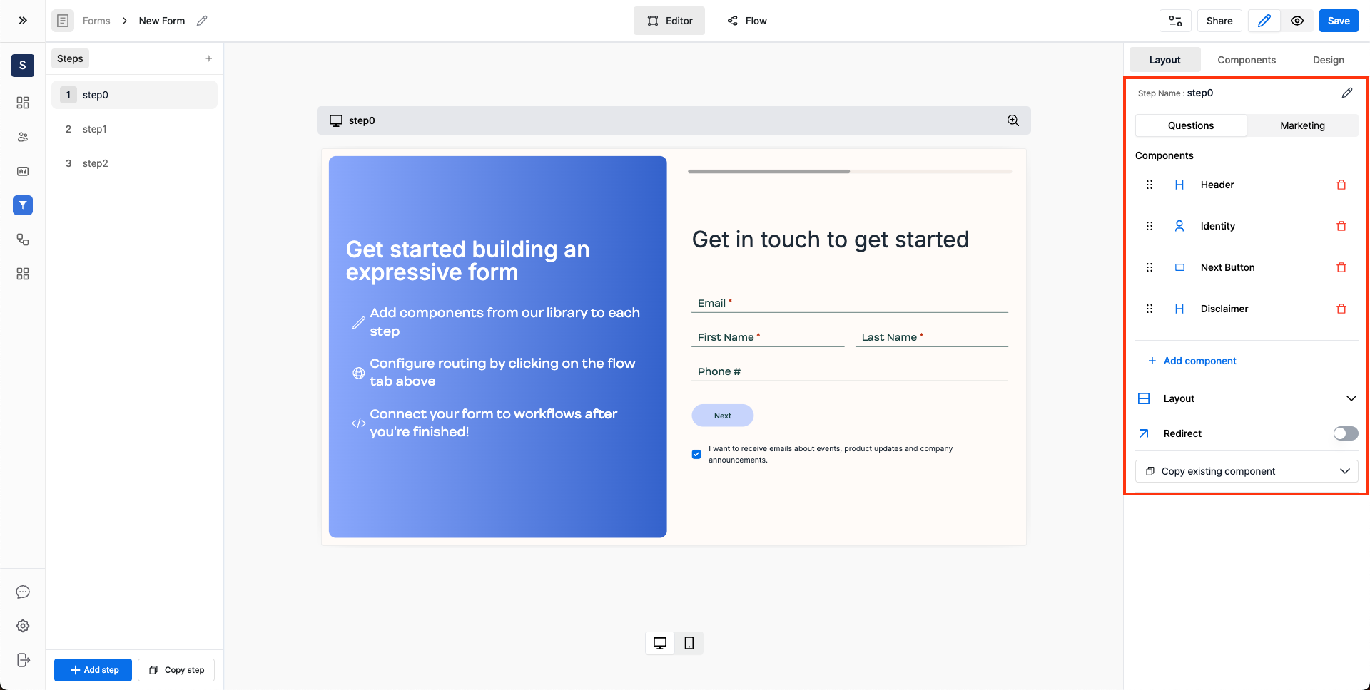 Form step editing interface