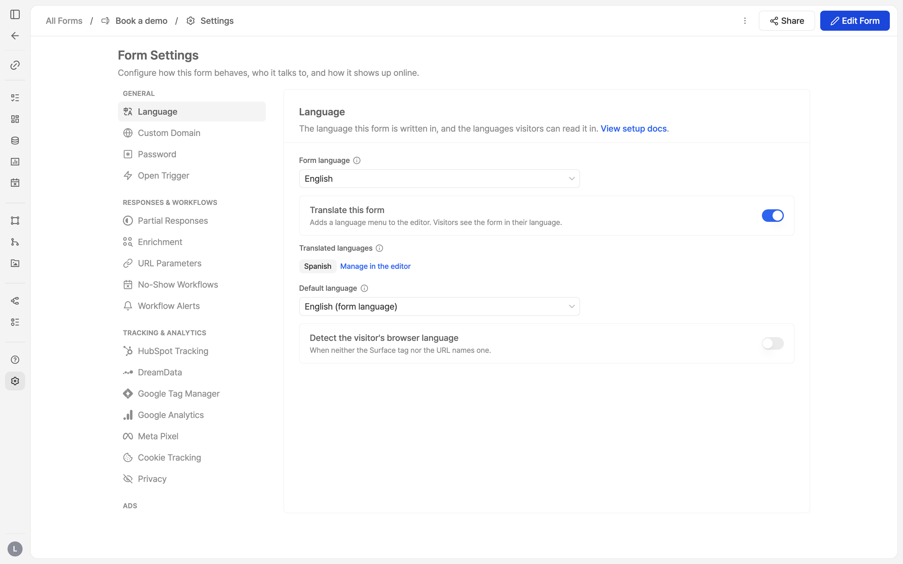 Form Settings, Language tab, with Translate this form switched on