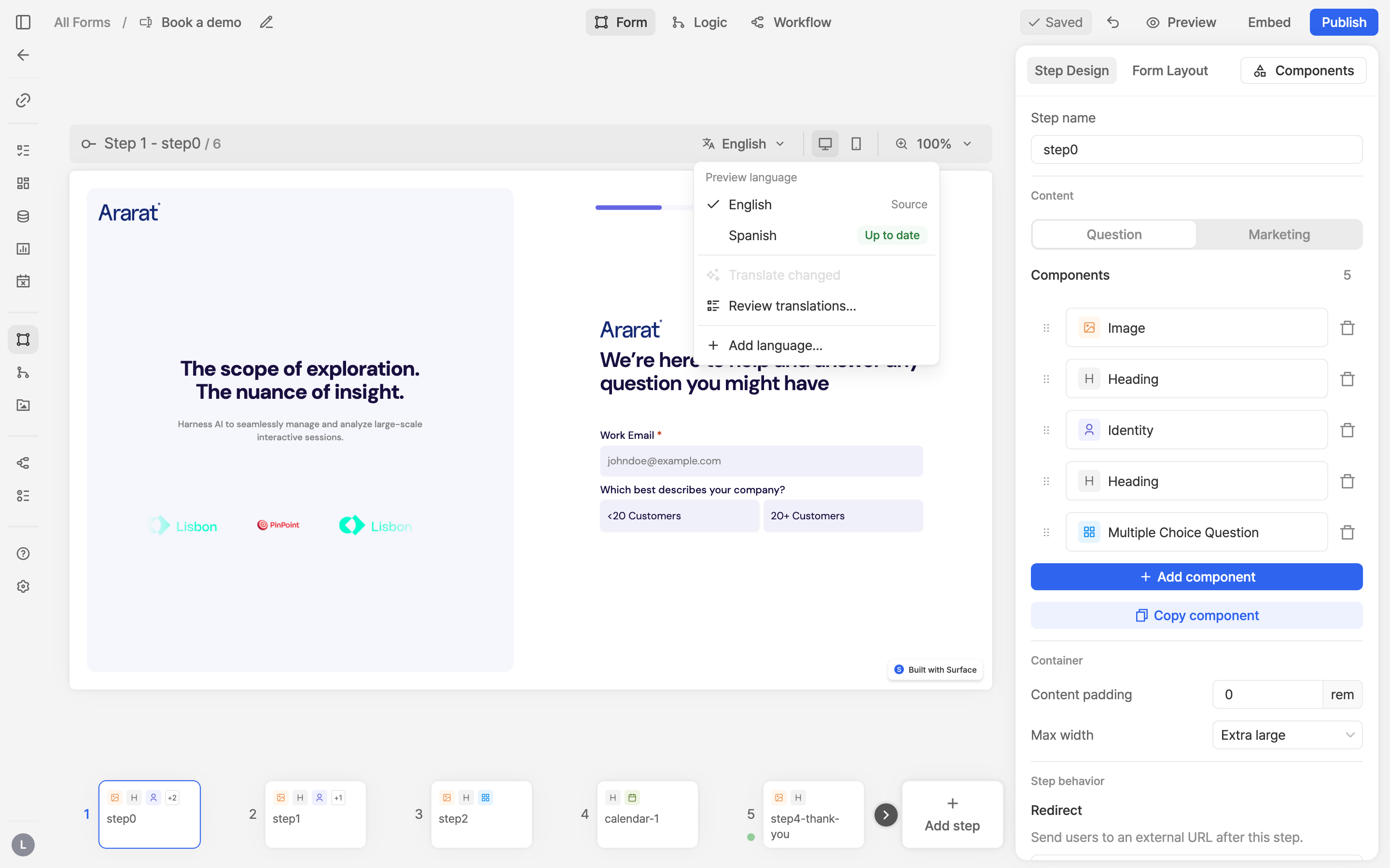 The language menu above the editor preview, listing English and Spanish