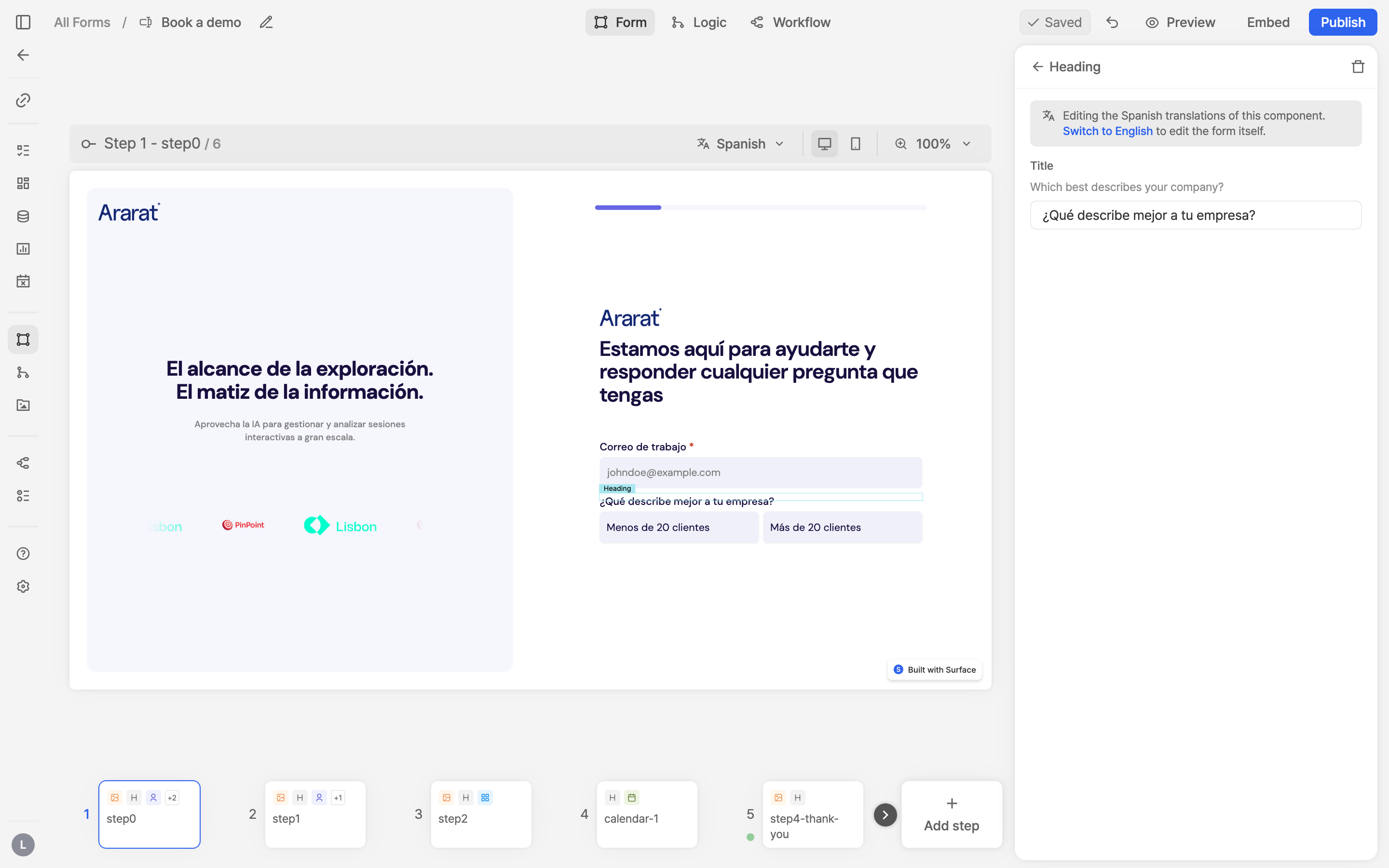 The sidebar showing a component's Spanish texts with the English original above each