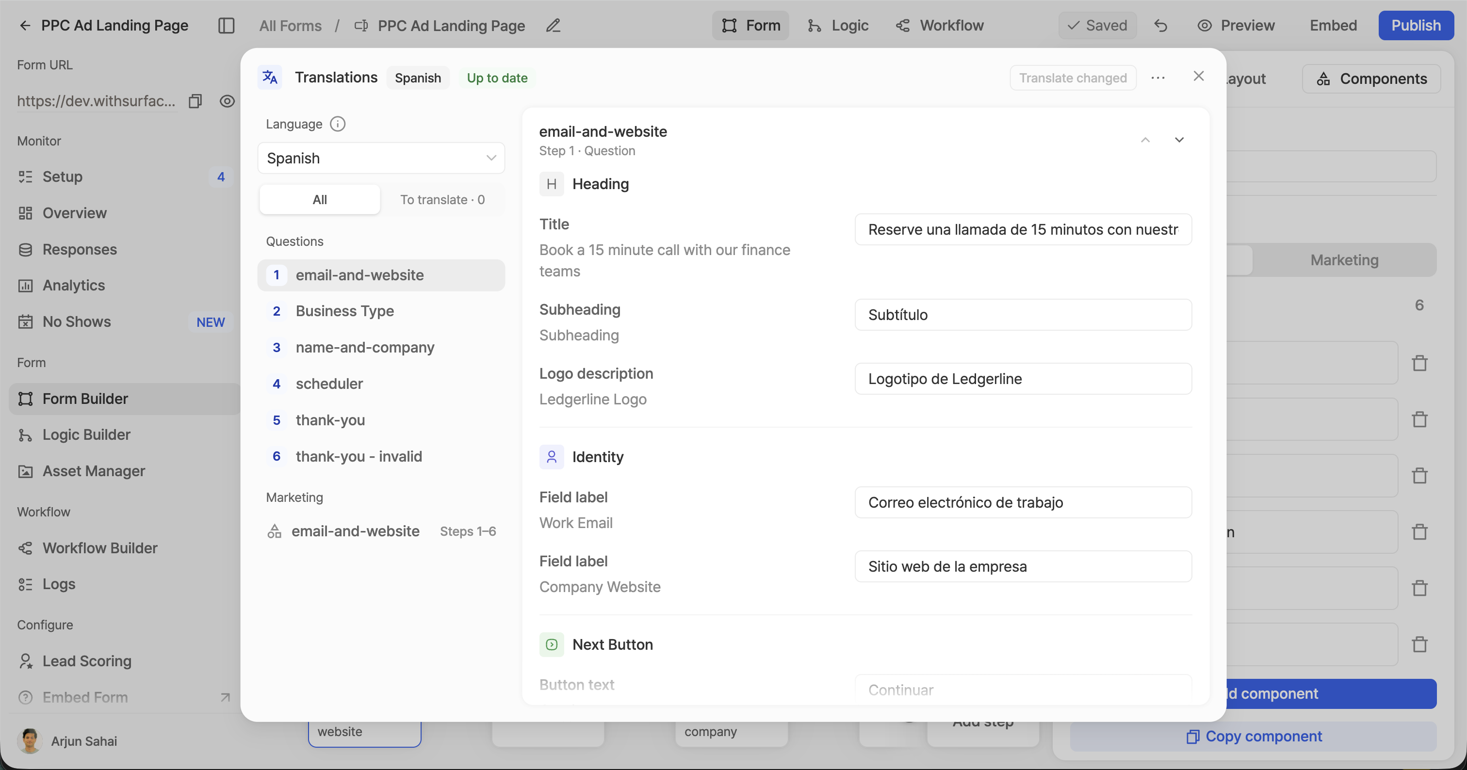 The Translations dialog listing every text by step and component