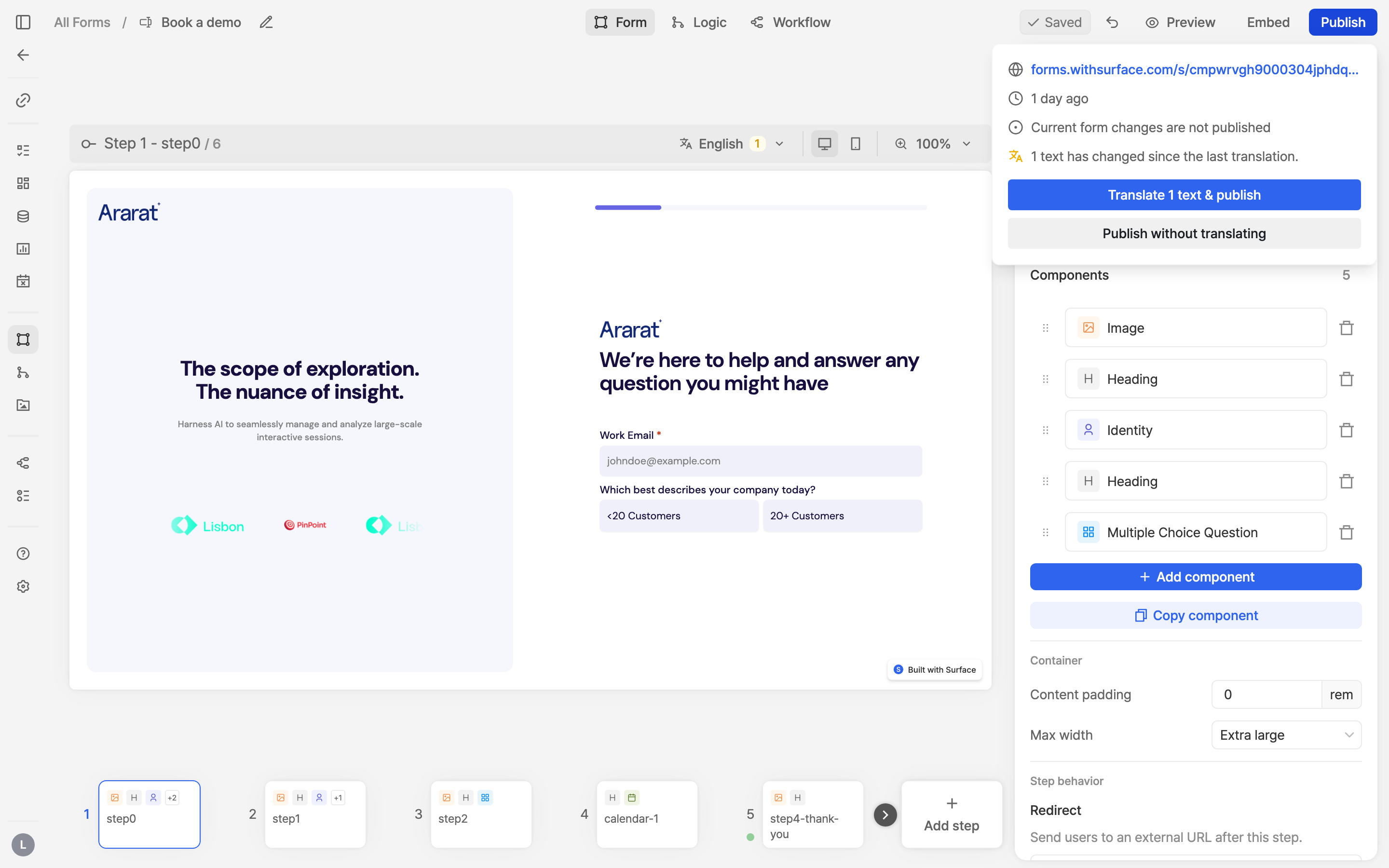 The Publish menu offering Translate 1 text & publish