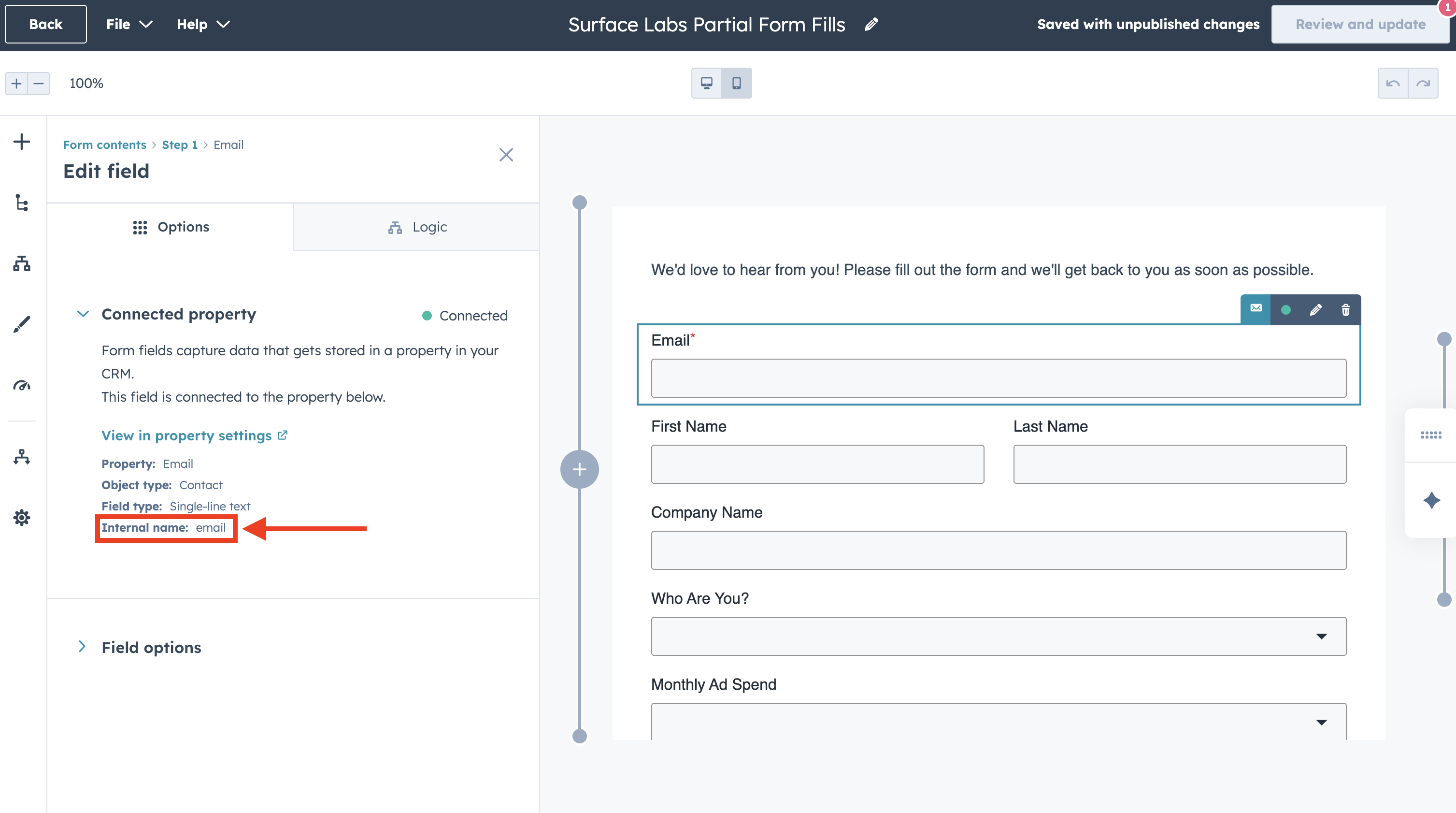 Finding HubSpot form field internal name