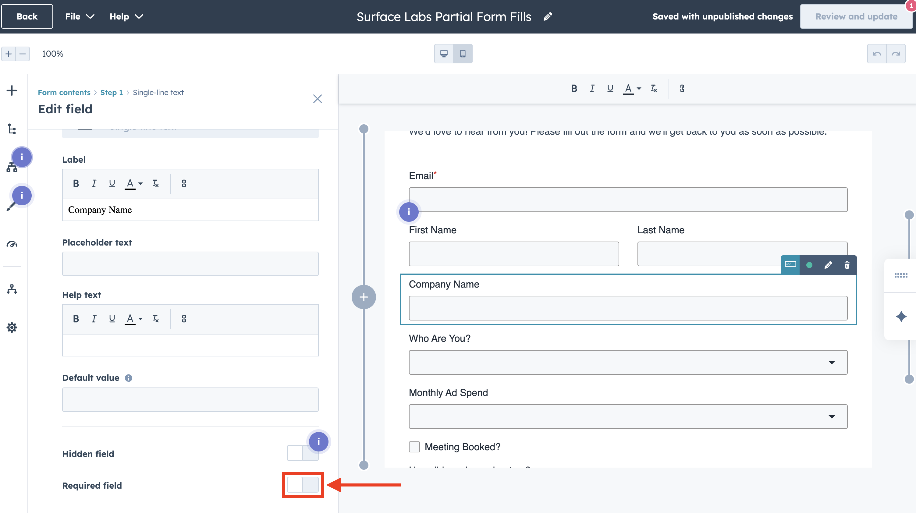 HubSpot form field settings